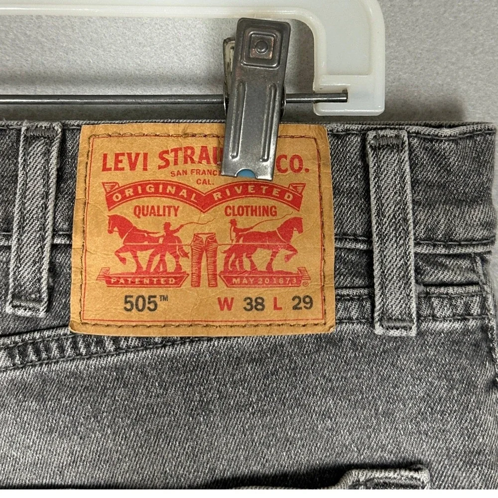 Levis 505 Jeans Mens 38X29 Grey Regular Fit Straight Distressed Stretch Denim